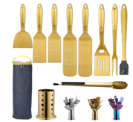 Rainbow Gold Silver Titanium Stainless Steel Grill Cooking Heat Resistant Kitchen Utensils Sets