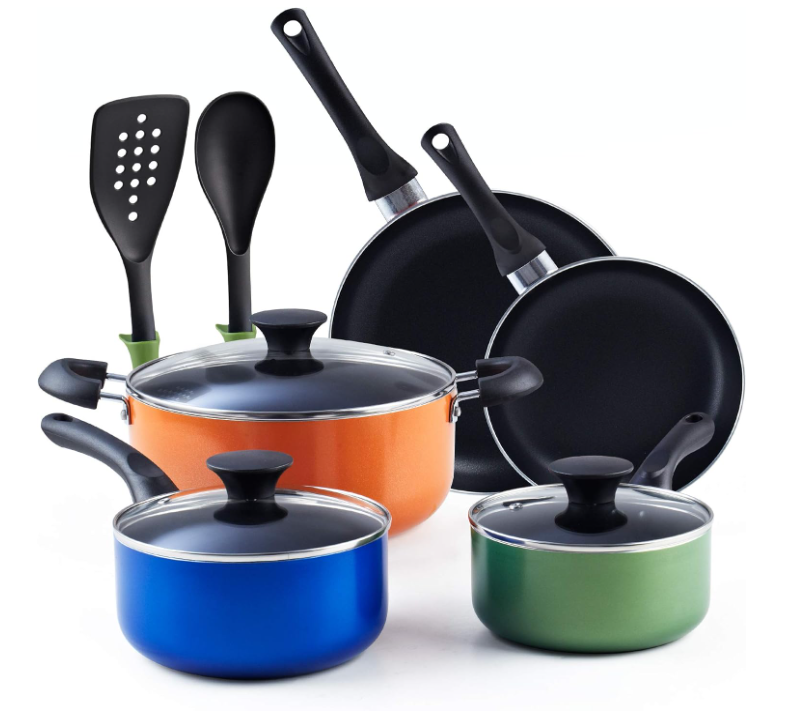 7-15 Piece Multi Color Orange Red Purple Blue Pink White Black Non-Stick Kitchen Cookware Pots and Pans Sets