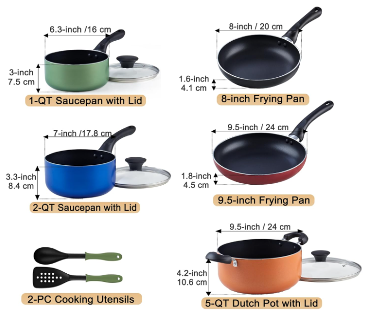 7-15 Piece Multi Color Orange Red Purple Blue Pink White Black Non-Stick Kitchen Cookware Pots and Pans Sets