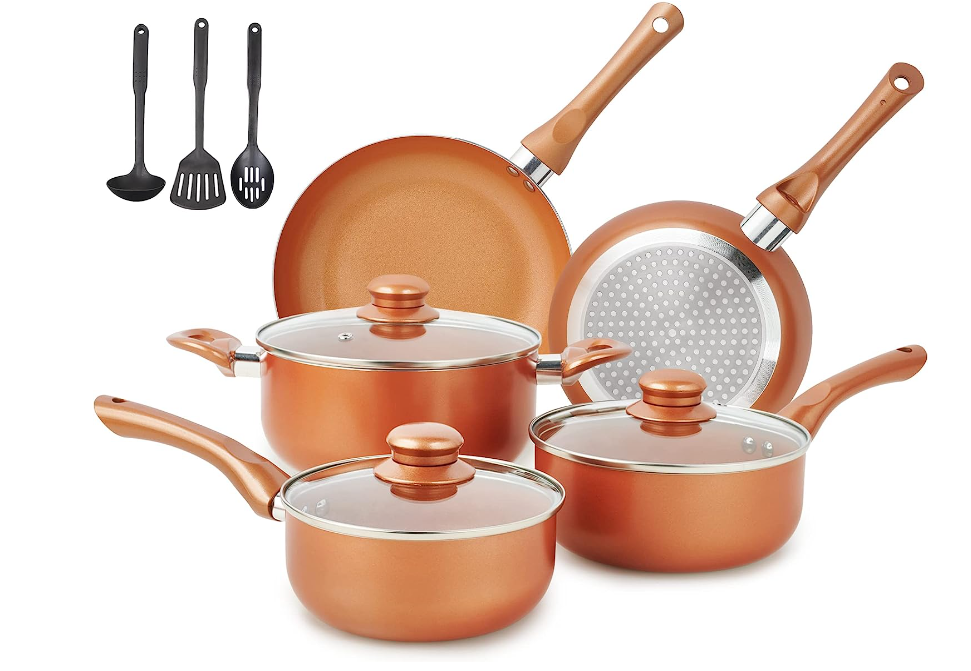 7-15 Piece Multi Color Orange Red Purple Blue Pink White Black Non-Stick Kitchen Cookware Pots and Pans Sets