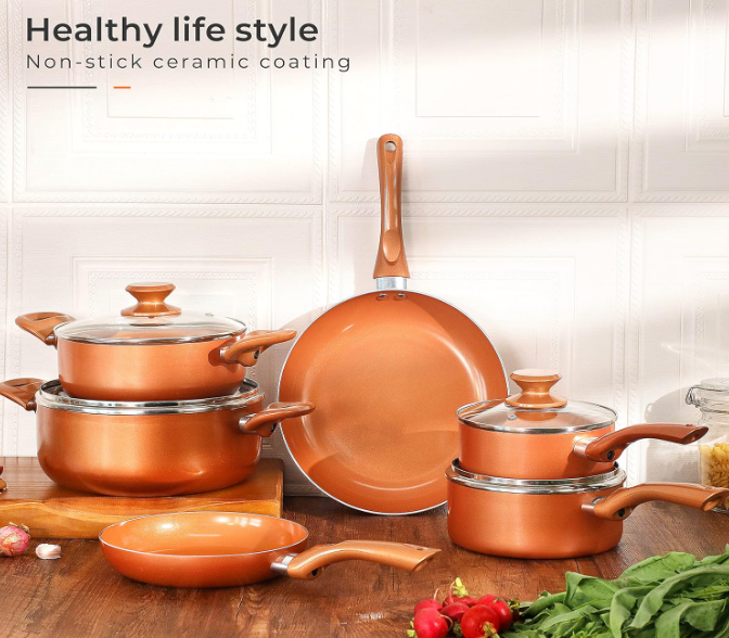 7-15 Piece Multi Color Orange Red Purple Blue Pink White Black Non-Stick Kitchen Cookware Pots and Pans Sets