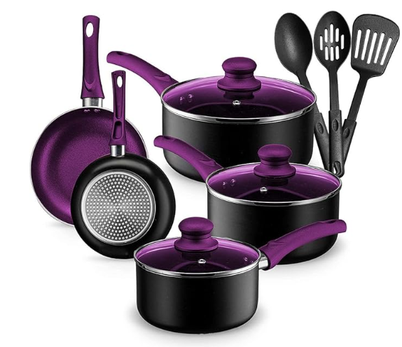 7-15 Piece Multi Color Orange Red Purple Blue Pink White Black Non-Stick Kitchen Cookware Pots and Pans Sets