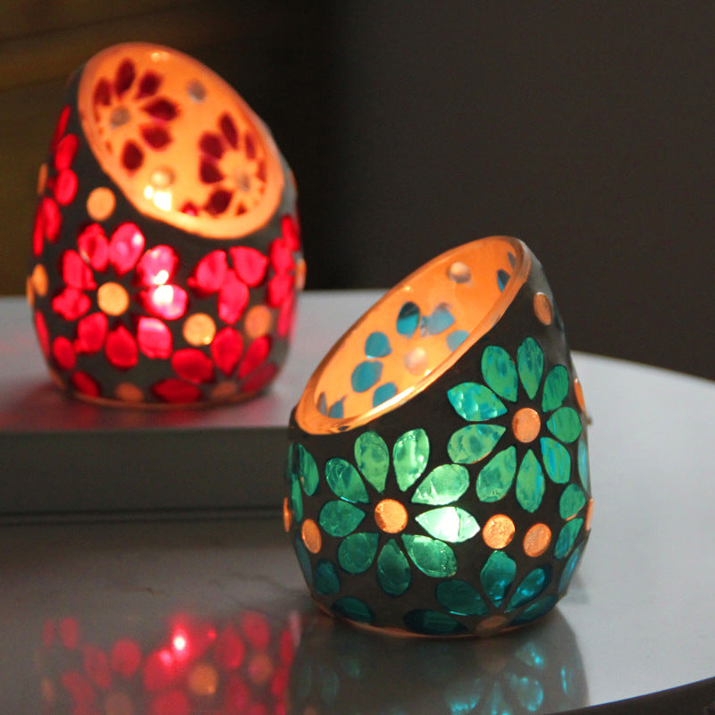 African Lady Figurine Tealight Candle Holder, Tabletop Candle Scape, Retro Iron Candle Stands Decor(2Pcs) Aromatherapy Handmade Oblique Glass Mosaic Candle Holder