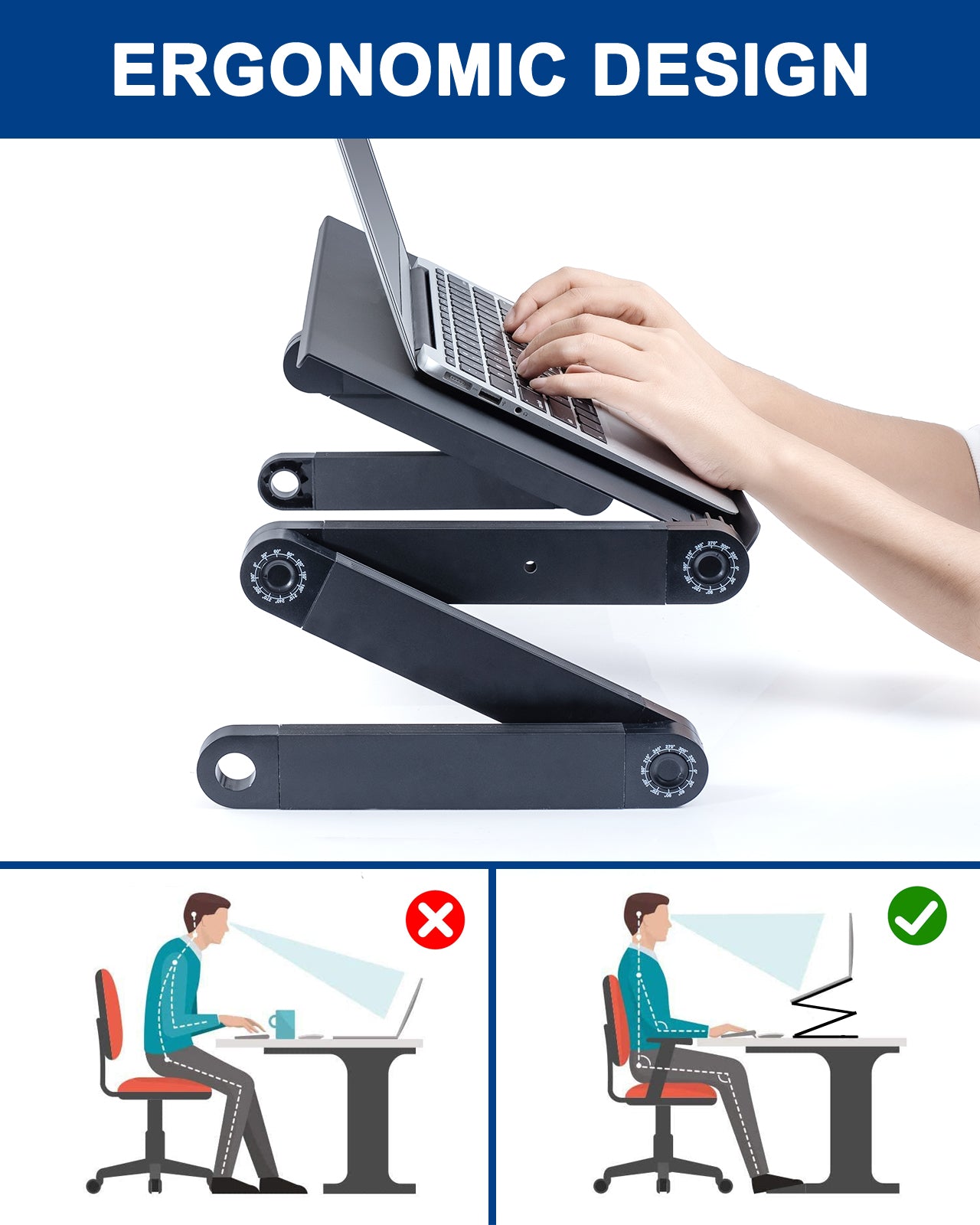 Adjustable Laptop Computer Ergonomical Workstation Desk Stand with 2 CPU Cooling USB Fans with Mouse Pad and Book Stand