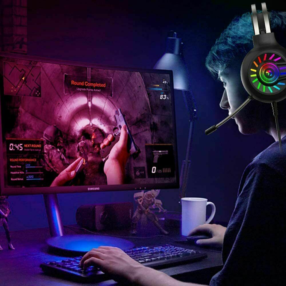 Gaming Work Music Antlers Cat Ears Headset with Noise Cancelling Surround Sound RGB Backlight Mic for PC Mac Nintendo PS4 PS5 Xbox One Mobile Phone