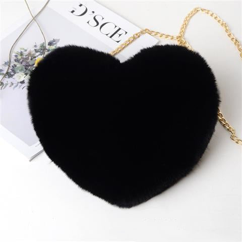 Plush Faux Fur Fun Love Shaped Chain Shoulder Bags Purse with Metal Strap for Birthday Valentine Gifts