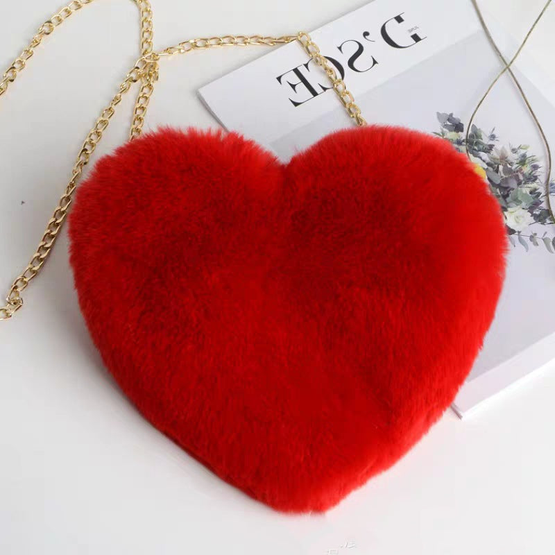 Plush Faux Fur Fun Love Shaped Chain Shoulder Bags Purse with Metal Strap for Birthday Valentine Gifts