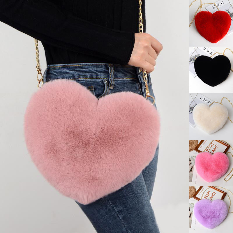Plush Faux Fur Fun Love Shaped Chain Shoulder Bags Purse with Metal Strap for Birthday Valentine Gifts