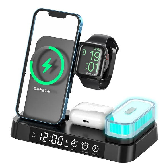 4 in 1 Foldable Multifunction Wireless Charging Station with Alarm Clock Display for iPhone Samsung Apple Watch Air Pods Charger with 5 Colors RGB Night Light