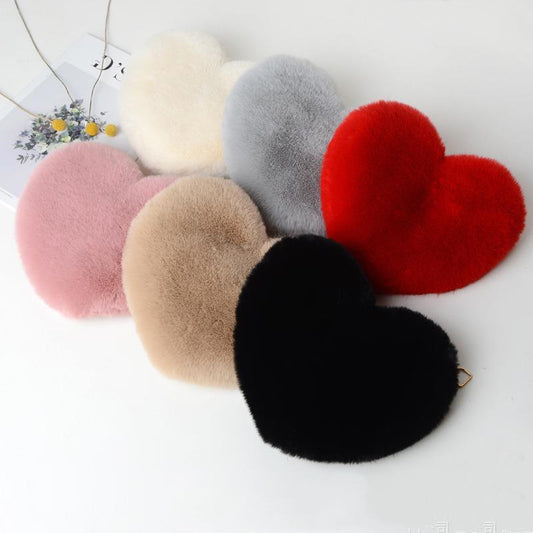 Plush Faux Fur Fun Love Shaped Chain Shoulder Bags Purse with Metal Strap for Birthday Valentine Gifts