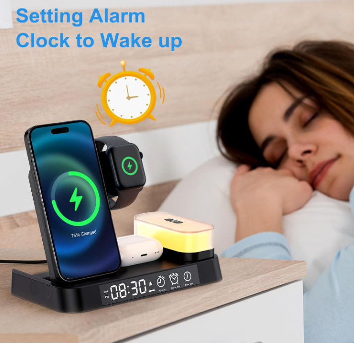 4 in 1 Foldable Multifunction Wireless Charging Station with Alarm Clock Display for iPhone Samsung Apple Watch Air Pods Charger with 7 Colors RGB Night Light