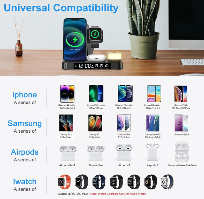 4 in 1 Foldable Multifunction Wireless Charging Station with Alarm Clock Display for iPhone Samsung Apple Watch Air Pods Charger with 7 Colors RGB Night Light