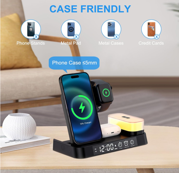 4 in 1 Foldable Multifunction Wireless Charging Station with Alarm Clock Display for iPhone Samsung Apple Watch Air Pods Charger with 7 Colors RGB Night Light