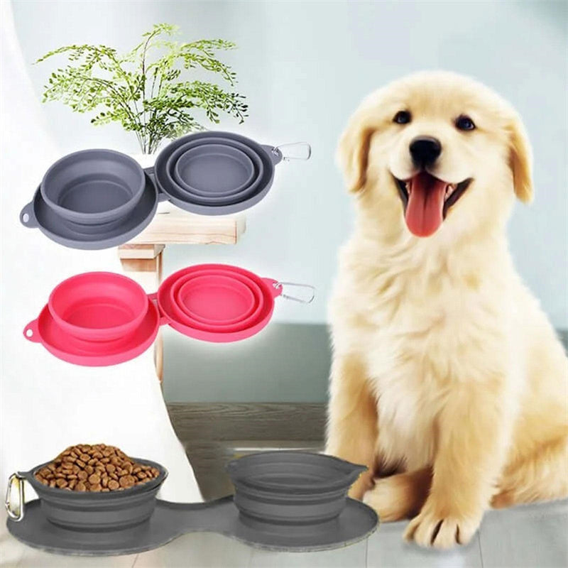Rubber Cat and Dog Foldable Feeding Portable Double Bowls