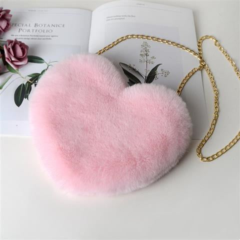 Plush Faux Fur Fun Love Shaped Chain Shoulder Bags Purse with Metal Strap for Birthday Valentine Gifts