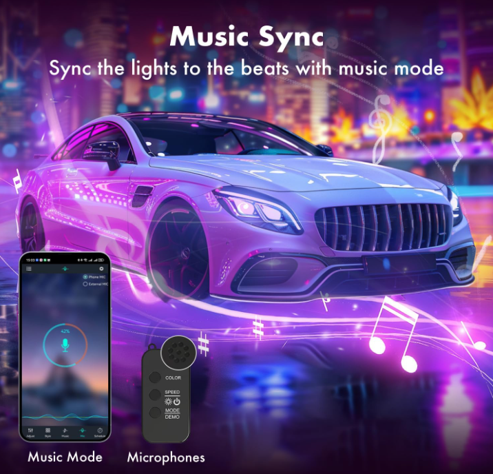 LED RGB Car Inside Lights with Smart App Control Dynamic Color Music Mode and Car Charger 4Pcs Strip