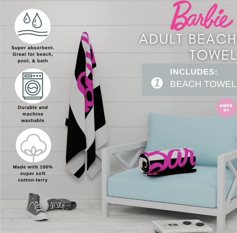 Barbie Classic Logo Black & White Striped Soft Cotton Bath Pool Beach Towel