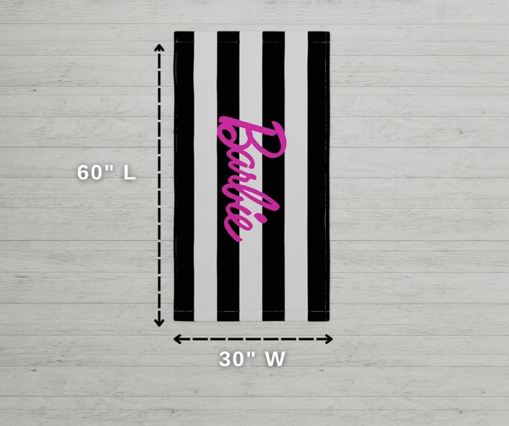 Barbie Classic Logo Black & White Striped Soft Cotton Bath Pool Beach Towel