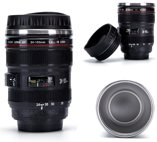 Stainless steel Insulated Camera Lens Coffee Tea Beverage Travel Thermos Mug with Lid and Spoon
