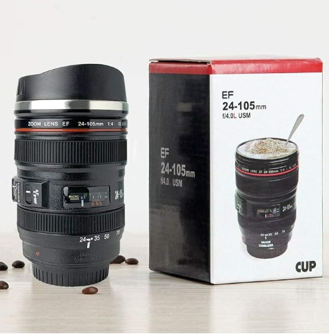 Stainless steel Insulated Camera Lens Coffee Tea Beverage Travel Thermos Mug with Lid and Spoon
