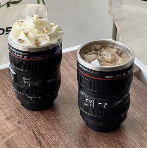 Stainless steel Insulated Camera Lens Coffee Tea Beverage Travel Thermos Mug with Lid and Spoon