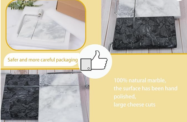 Polished Marble Cheese Slicer Board for Cut Block Cheeses, Butter, Meats