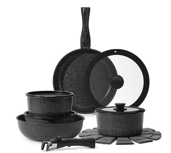 7-15 Piece Multi Color Orange Red Purple Blue Pink White Black Non-Stick Kitchen Cookware Pots and Pans Sets