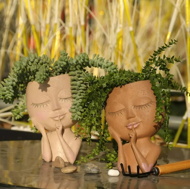 Cute Face Head Unique Planter Succulent Resin Indoor Outdoor Flowerpot Garden Decoration with Drain Holes