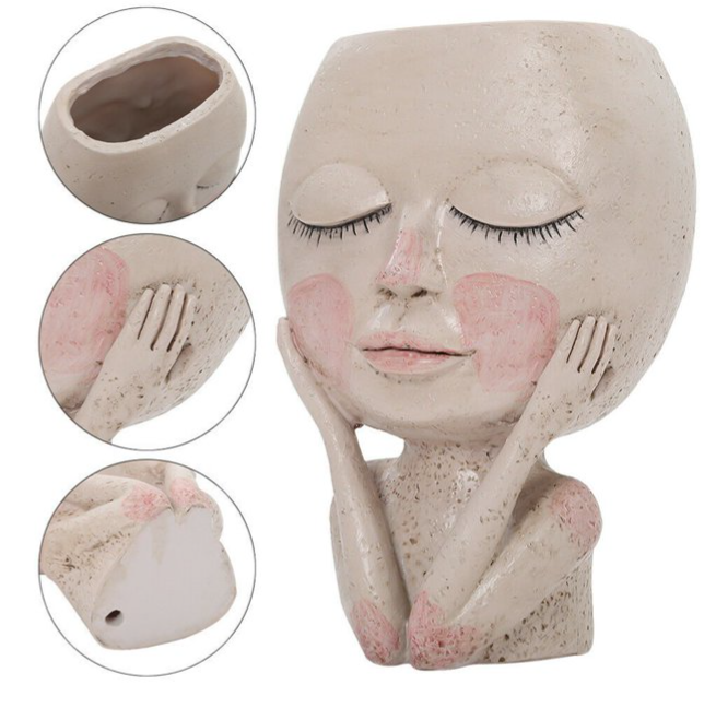 Cute Face Head Unique Planter Succulent Resin Indoor Outdoor Flowerpot Garden Decoration with Drain Holes