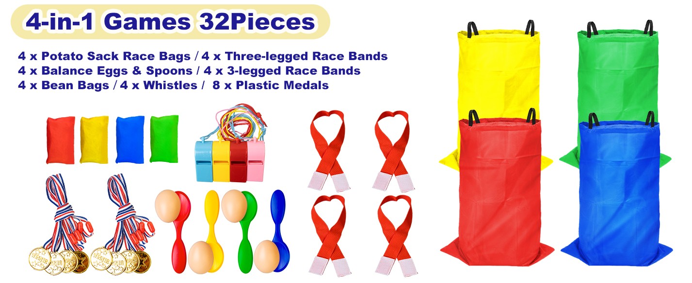 Potato Sack Race Bags - Sack Race Bags for Adults and Kids, Bean Bag Toss Game, 3 Legged Relay Race, Egg Spoon Game, Carnival Outdoor Lawn Game for Easter, Halloween, Christmas, Birthday Party