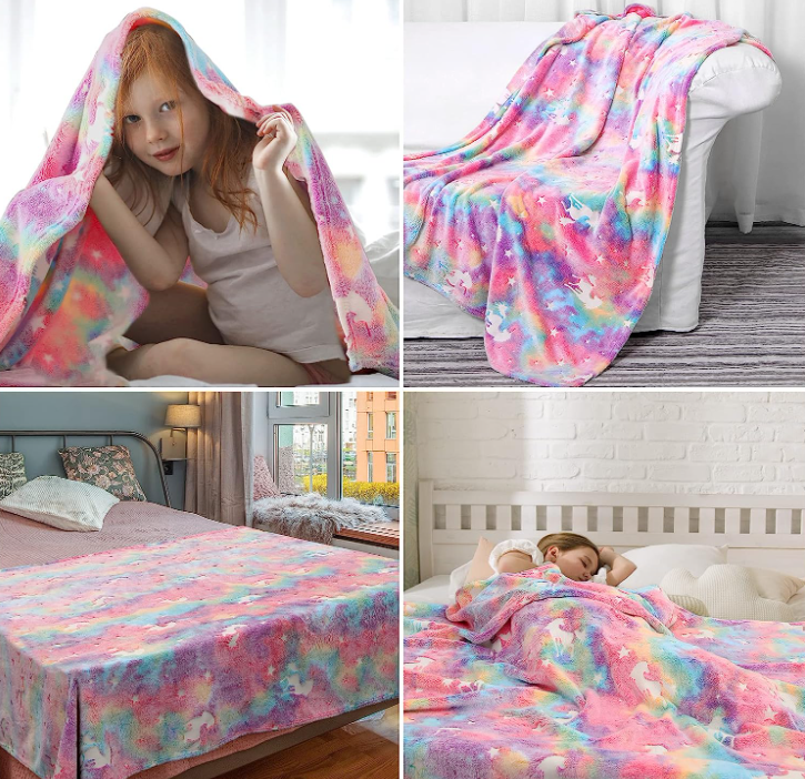 Glow in The Dark Soft Warm Fleece Flannel Linen Kids Unicorn Dinosaur Printed Couch Sofa Bed Spread Blankets