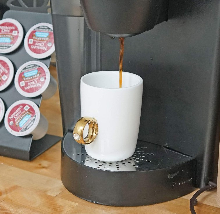 Exquisite Unique Fairly Odd Novelty Diamond Engagement Gold Ring Handle Ceramic Coffee Teacups Mugs with Gift Box