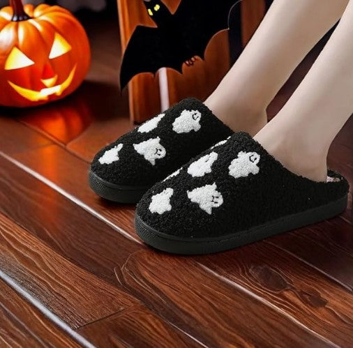 Smiley Face Pumpkin Ghost Halloween Comfortable Plush Cartoon White Black Designed Non-Slip House Slippers Slides Shoes
