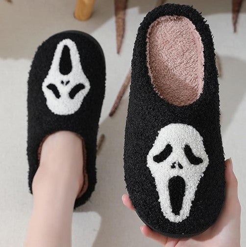 Smiley Face Comfortable Plush Valentine Cartoon White Black Designed Non-Slip House Slippers Slides Shoes
