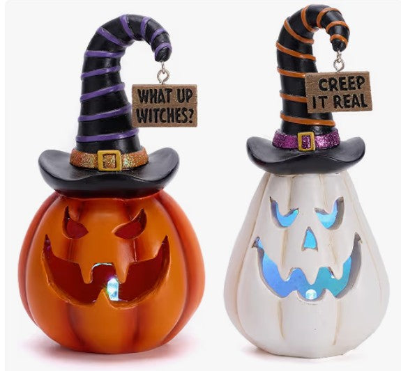Pumpkin Halloween Decorations Indoor for Home, 2Pcs Resin Halloween Figurines with Light, White and Orange Jack o Lantern Decor