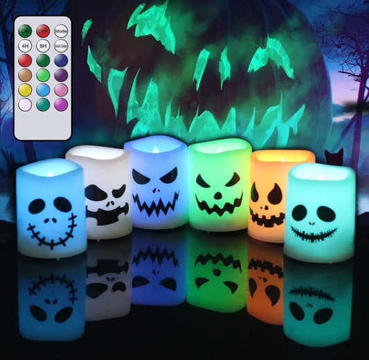 Halloween LED Colorful White Flickering Flameless Spooky Faces Spiderweb Candles Battery Operated with Remote for Halloween Home Decor