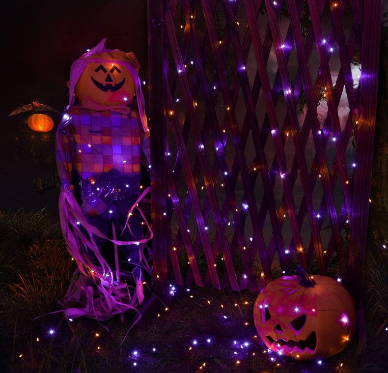 Orange, Purple Halloween Solar String Lights Total 100 ft 300 LED 8 Modes Solar Fairy Lights, Waterproof Lights with Black Wire 2 Pack