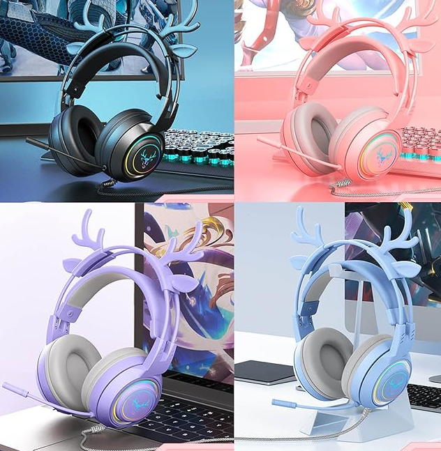 Gaming Work Music Antlers Cat Ears Headset with Noise Cancelling Surround Sound RGB Backlight Mic for PC Mac Nintendo PS4 PS5 Xbox One Mobile Phone