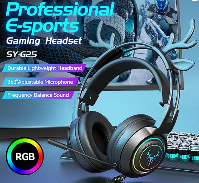 Gaming Work Music Antlers Cat Ears Headset with Noise Cancelling Surround Sound RGB Backlight Mic for PC Mac Nintendo PS4 PS5 Xbox One Mobile Phone