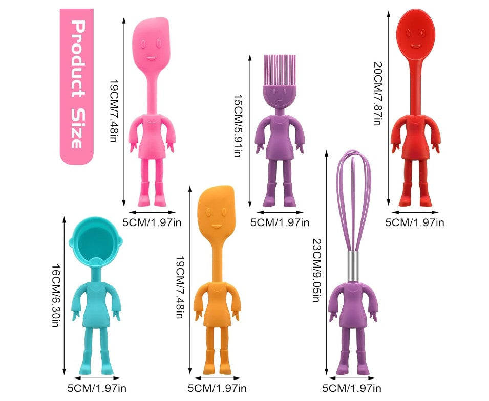 Human Shape 6 Pcs Kitchen Silicone Cooking Accessories Gadgets Spatulas, Whisk, Ice Cream Scoop, Basting Brush, & Spoon