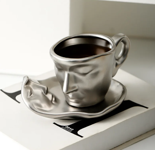 Creative Unique Kissing Face Black White Silver Ceramic Coffee and Teacup Mug with Saucer and Spoon Set