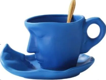 Creative Unique Kissing Face Black White Silver Ceramic Coffee and Teacup Mug with Saucer and Spoon Set