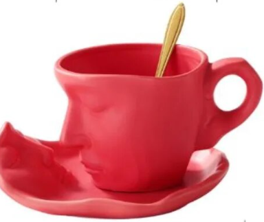 Creative Unique Kissing Face Black White Silver Ceramic Coffee and Teacup Mug with Saucer and Spoon Set