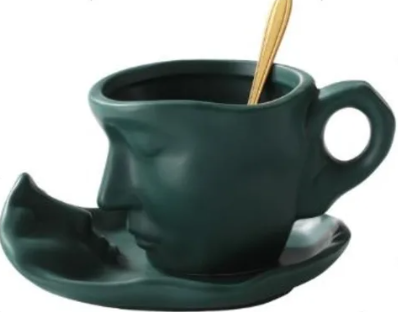 Creative Unique Kissing Face Black White Silver Ceramic Coffee and Teacup Mug with Saucer and Spoon Set