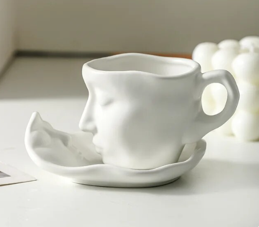 Creative Unique Kissing Face Black White Silver Ceramic Coffee and Teacup Mug with Saucer and Spoon Set
