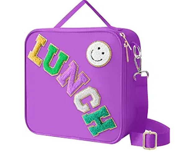Insulated Colorful School Lunch Bags with Adjustable Shoulder Strap, Nylon Large Insulated Bag Reusable Tote Bag with Smiley Face for Girls School Travel Work Gift