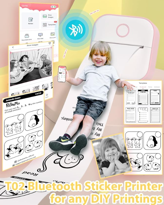 Mini Thermal Wireless T02 Pocket Inkless Printer for Crafting Recipes School Work with Self-adhesive Color White Paper