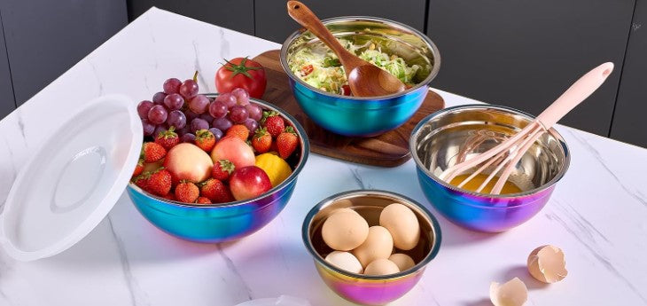 8-piece Rainbow Iridescent Metal Stainless Steel Mixing Baking and Cooking Bowls with Color Lids
