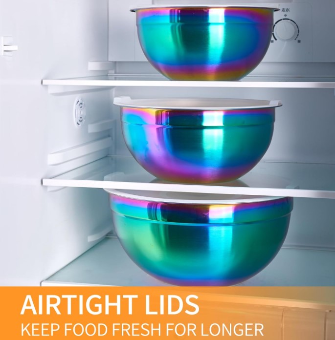 8-piece Rainbow Iridescent Metal Stainless Steel Mixing Baking and Cooking Bowls with Color Lids