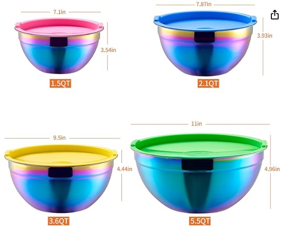 8-piece Rainbow Iridescent Metal Stainless Steel Mixing Baking and Cooking Bowls with Color Lids